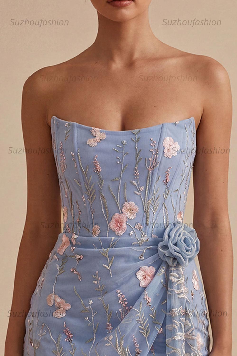 Suzhoufashion Floral Strapless Light Blue Beaded Tight Short Homecoming Dress