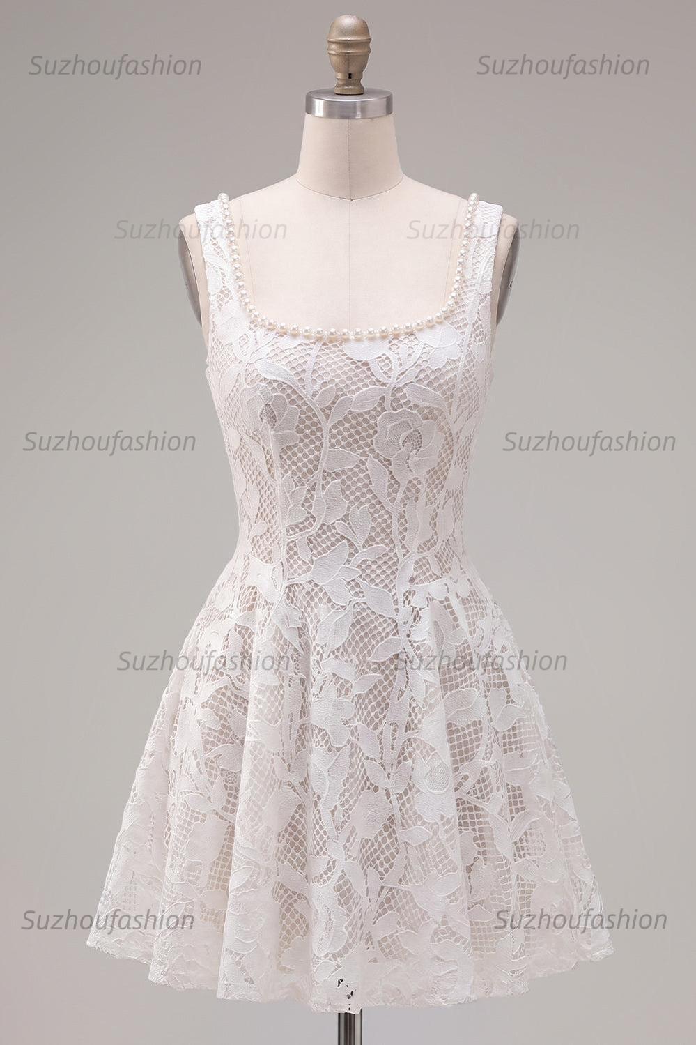 Suzhoufashion Floral White Beaded Lace Scoop Neck A-Line Short Homecoming Dress