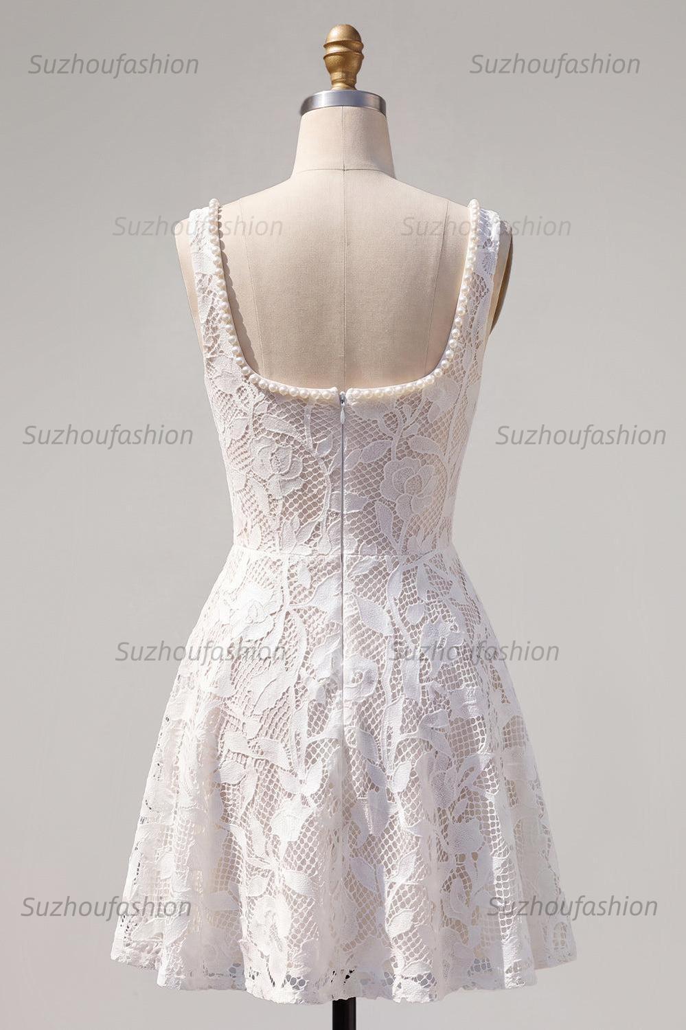 Suzhoufashion Floral White Beaded Lace Scoop Neck A-Line Short Homecoming Dress