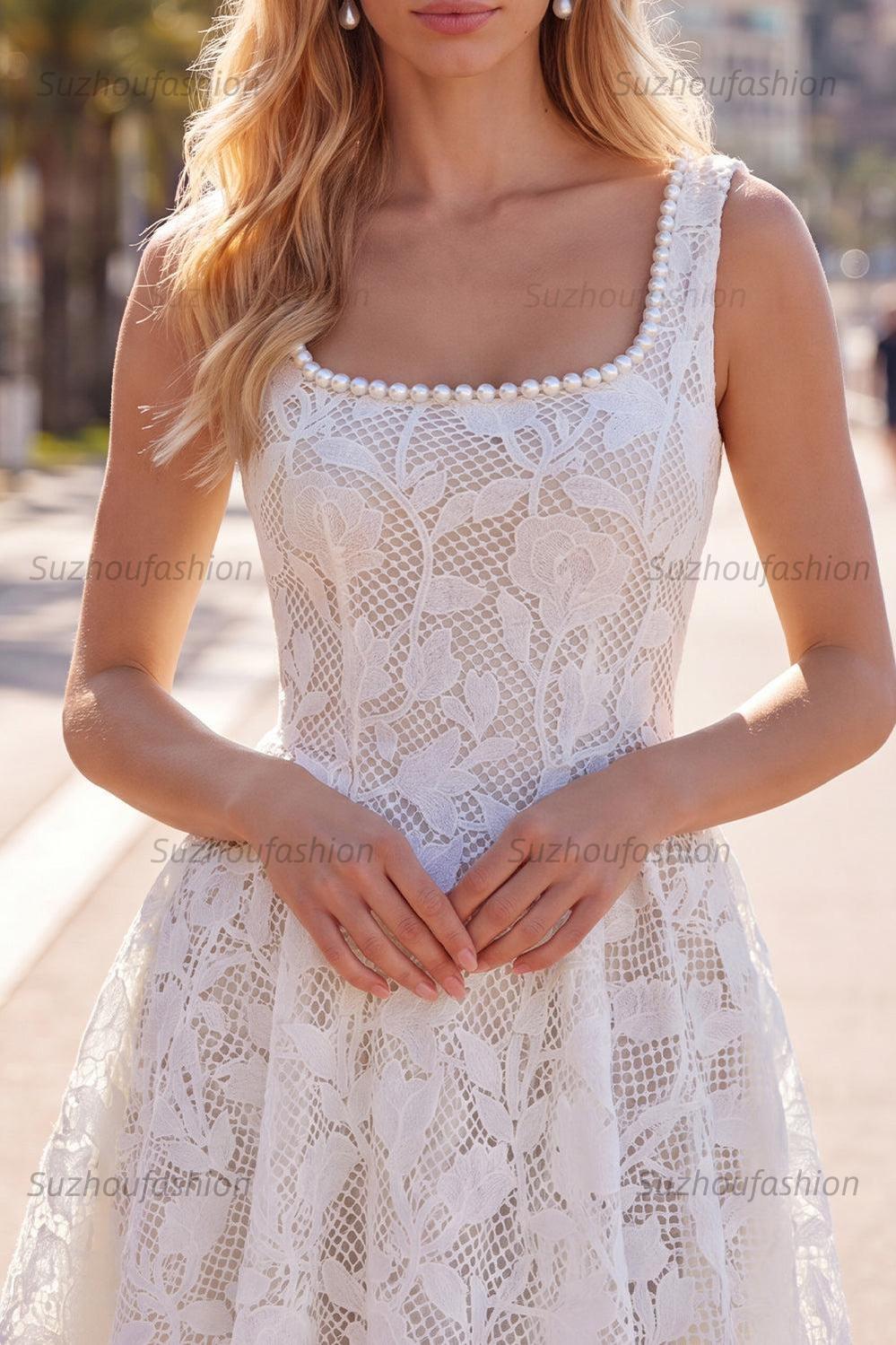 Suzhoufashion Floral White Beaded Lace Scoop Neck A-Line Short Homecoming Dress