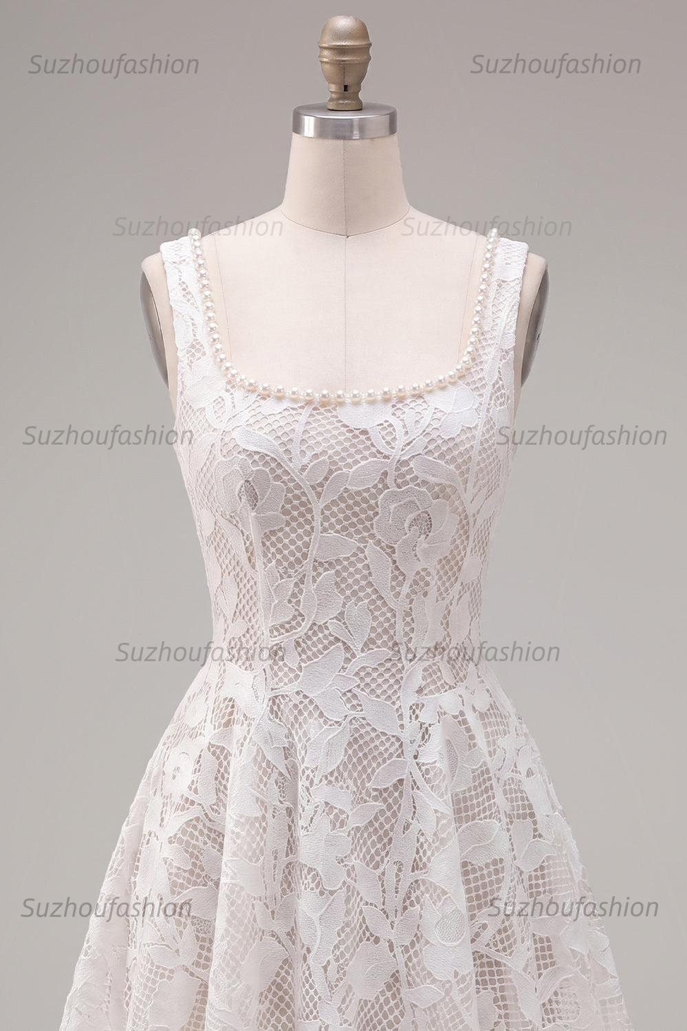 Suzhoufashion Floral White Beaded Lace Scoop Neck A-Line Short Homecoming Dress