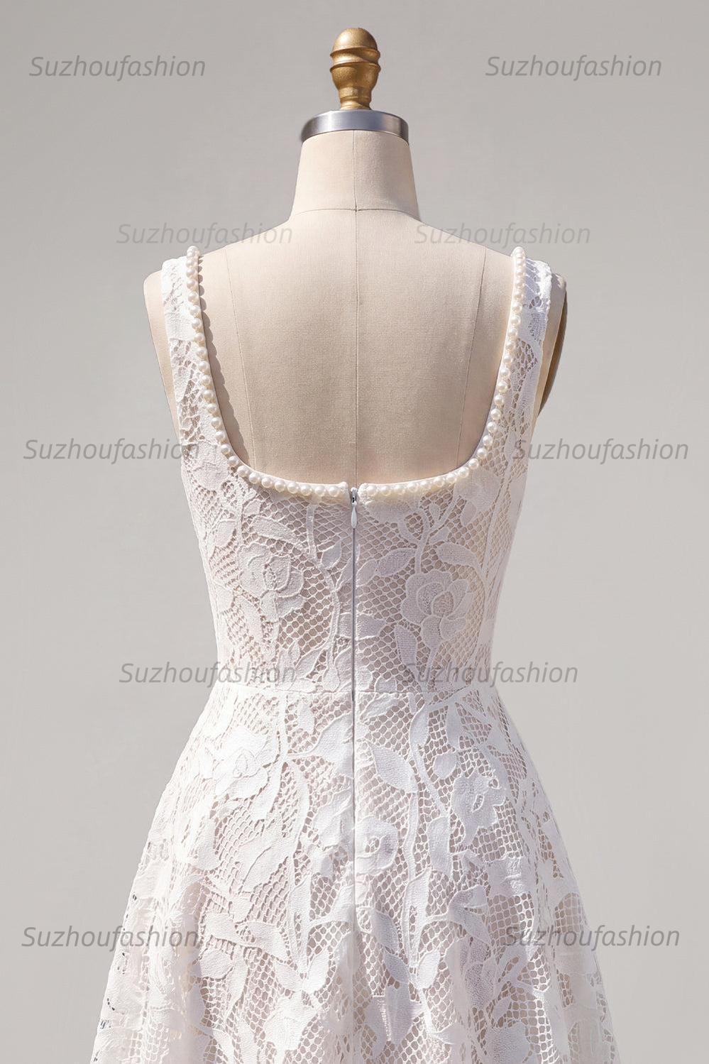 Suzhoufashion Floral White Beaded Lace Scoop Neck A-Line Short Homecoming Dress