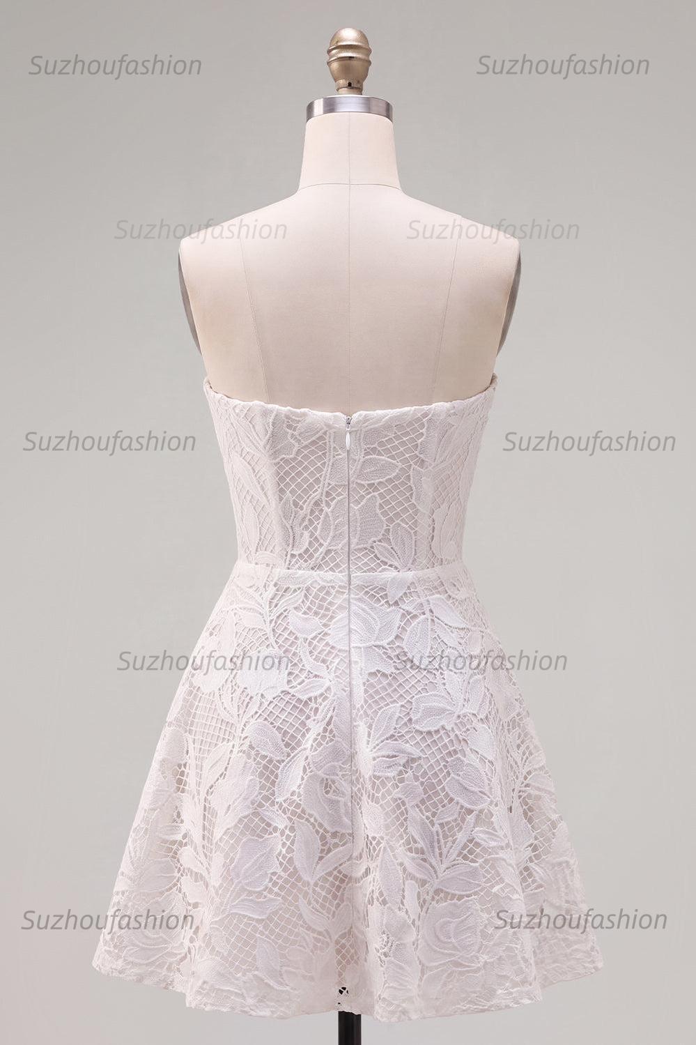Suzhoufashion Floral White Lace A-Line Strapless Short Homecoming Dress with Bow