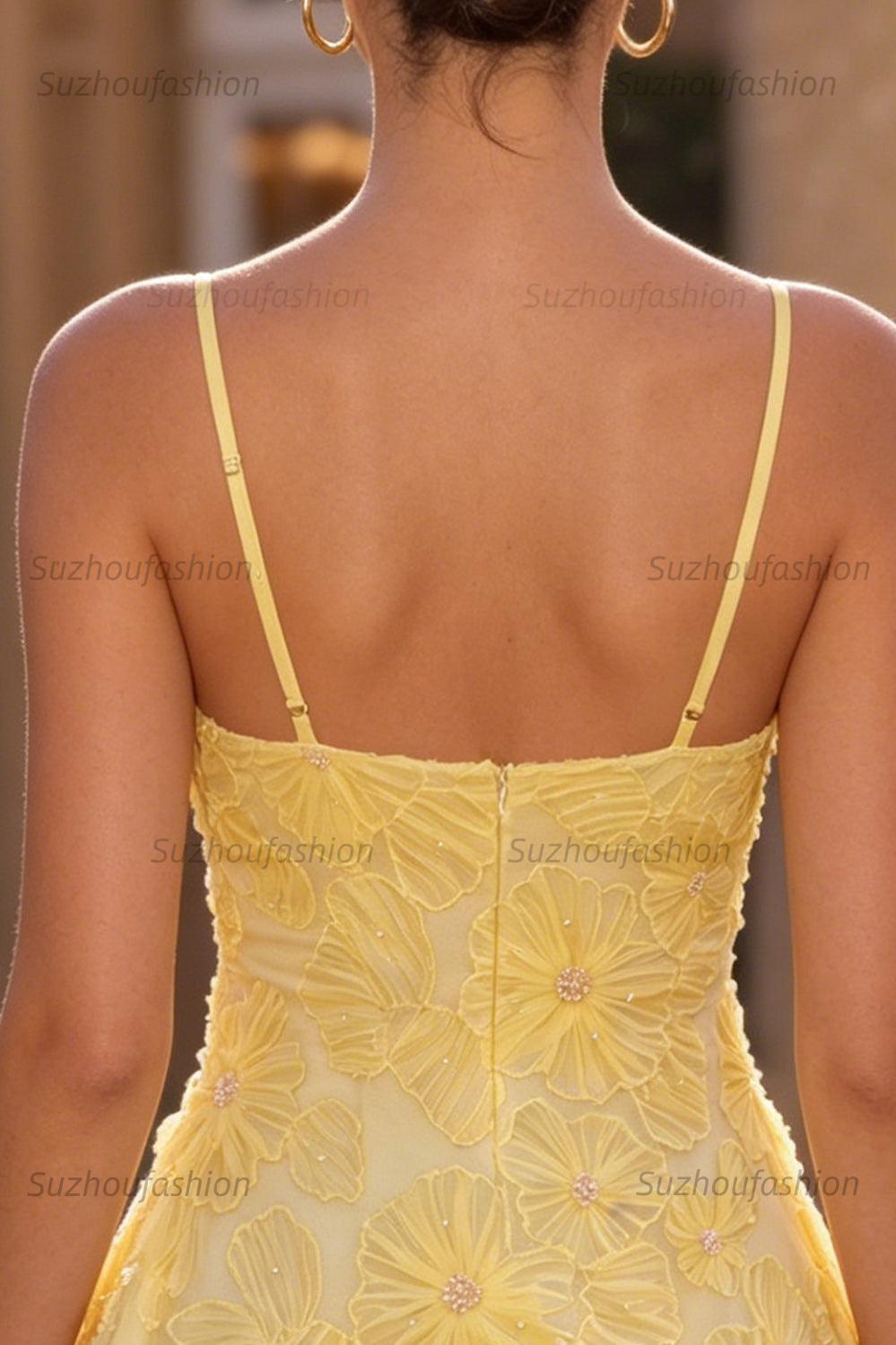 Suzhoufashion Floral Yellow A-Line Beaded Short Homecoming Dress