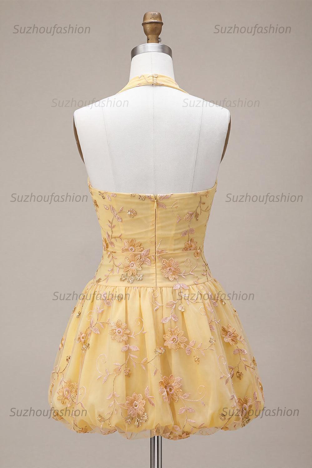 Suzhoufashion Floral Yellow A-Line Halter Short Corset Homecoming Dress