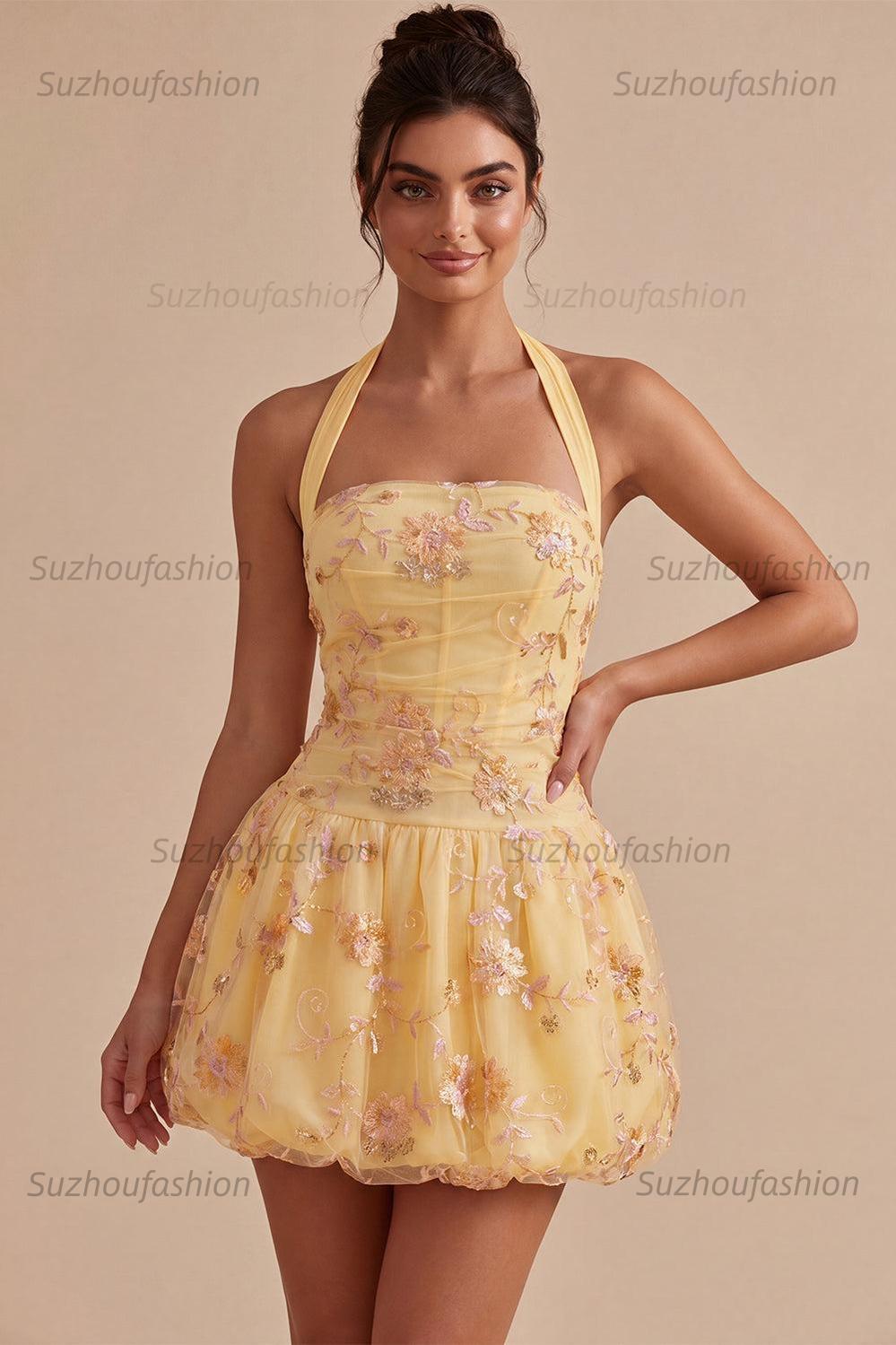 Suzhoufashion Floral Yellow A-Line Halter Short Corset Homecoming Dress
