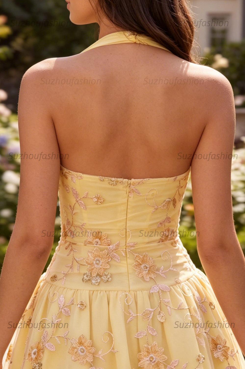 Suzhoufashion Floral Yellow A-Line Halter Short Corset Homecoming Dress