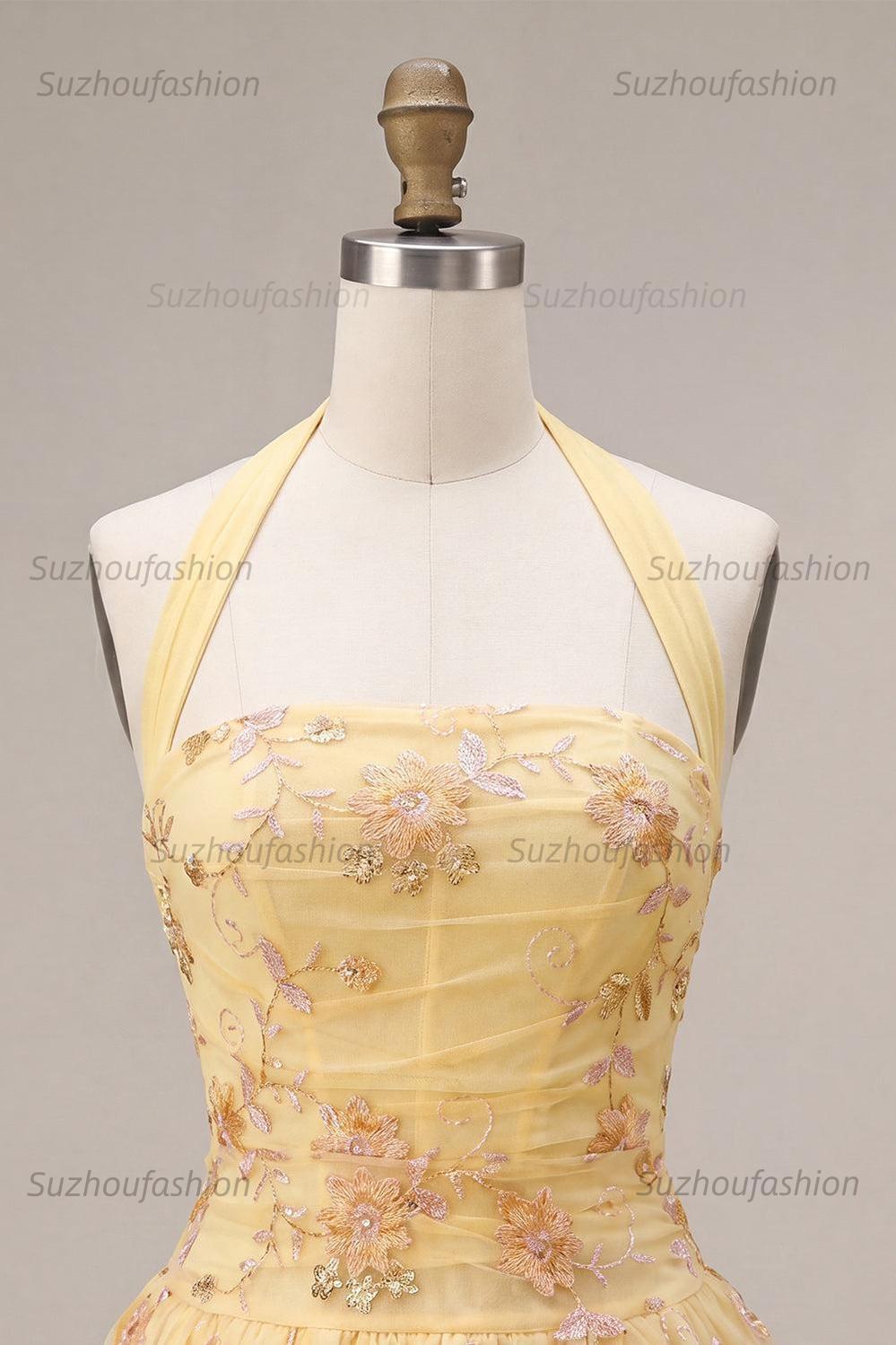 Suzhoufashion Floral Yellow A-Line Halter Short Corset Homecoming Dress