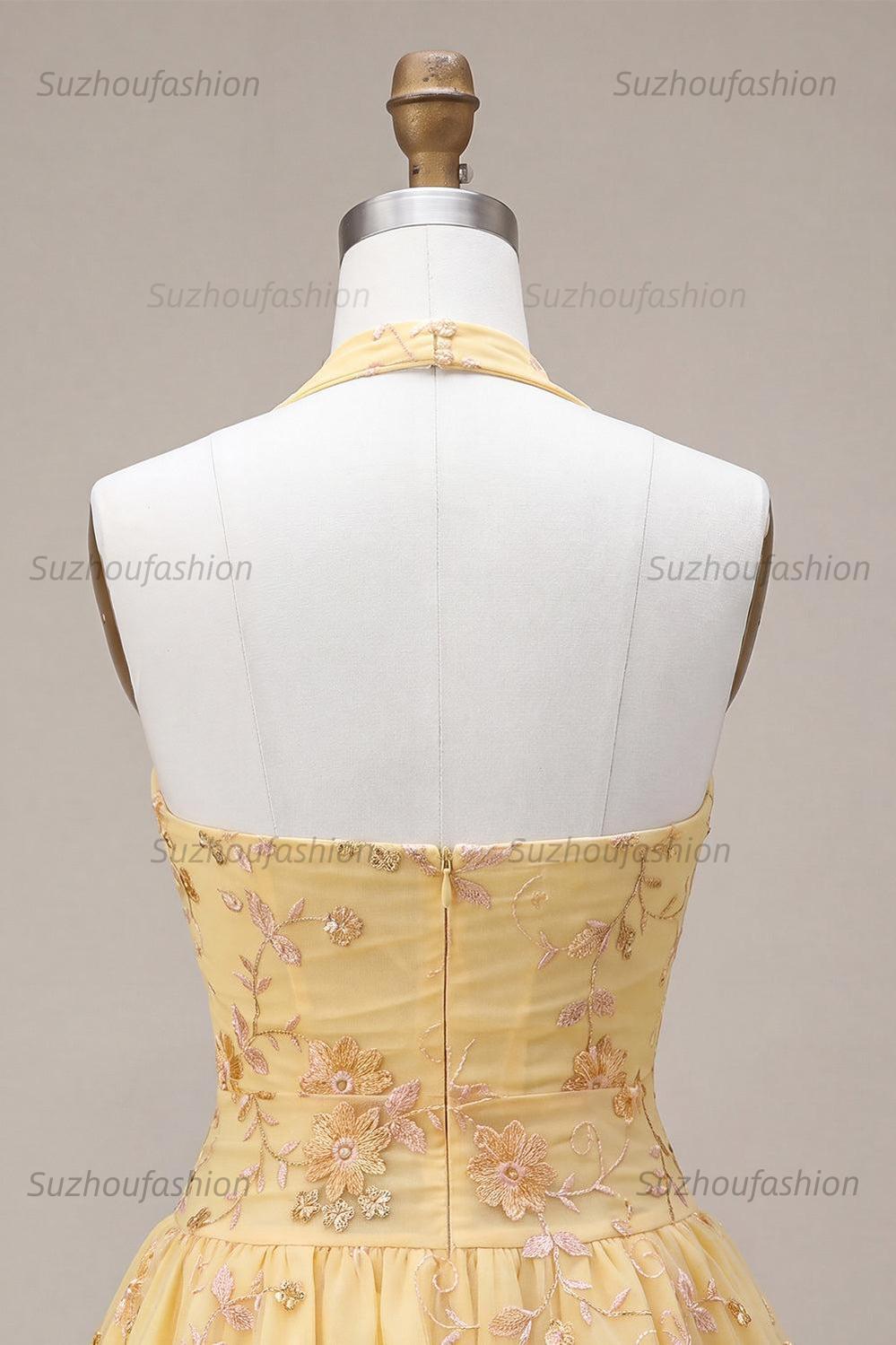 Suzhoufashion Floral Yellow A-Line Halter Short Corset Homecoming Dress
