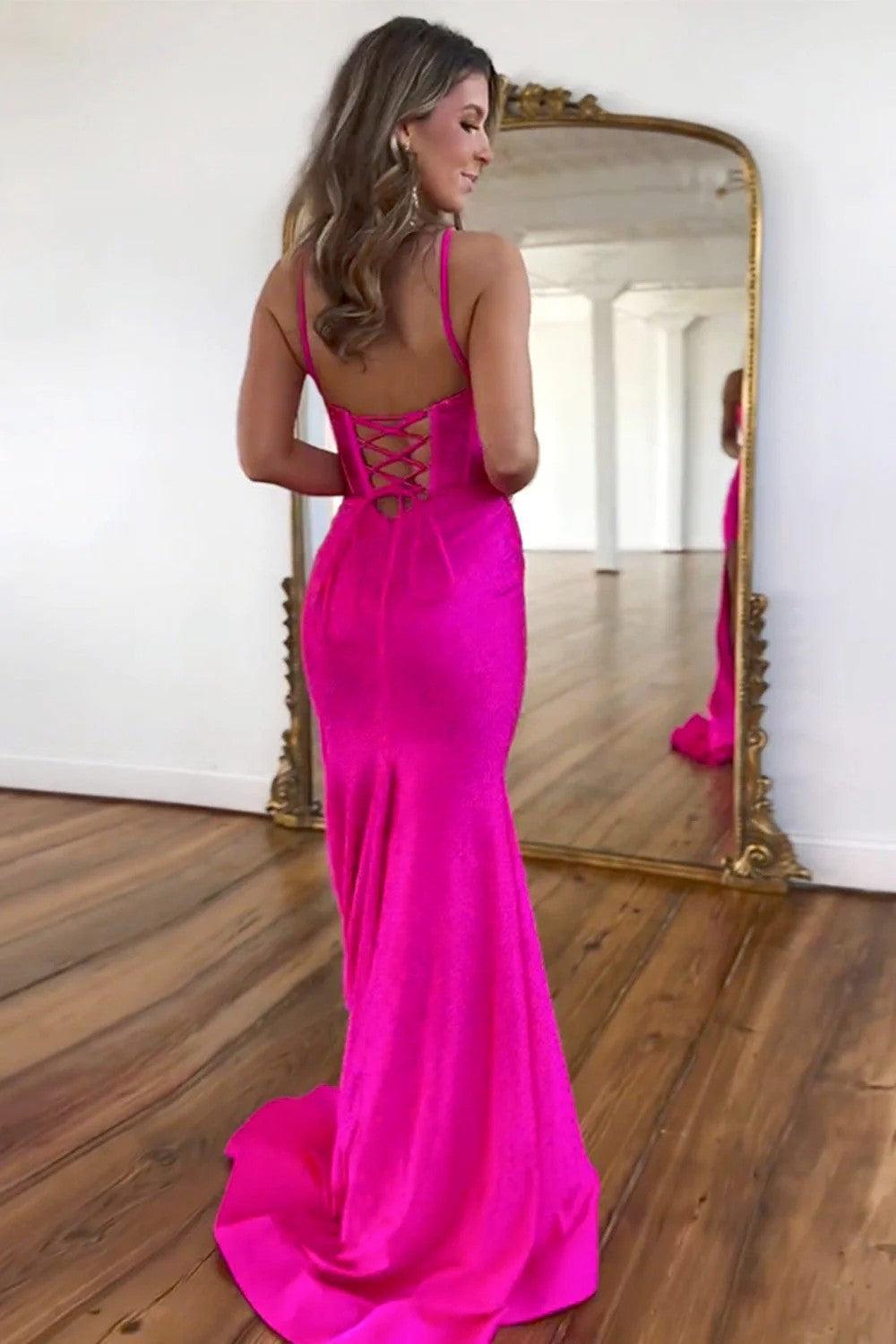 Suzhoufashion Fuchsia Beaded Mermaid Prom Dress With Spaghetti Straps And Lace-Up Back Formal Evening Gown