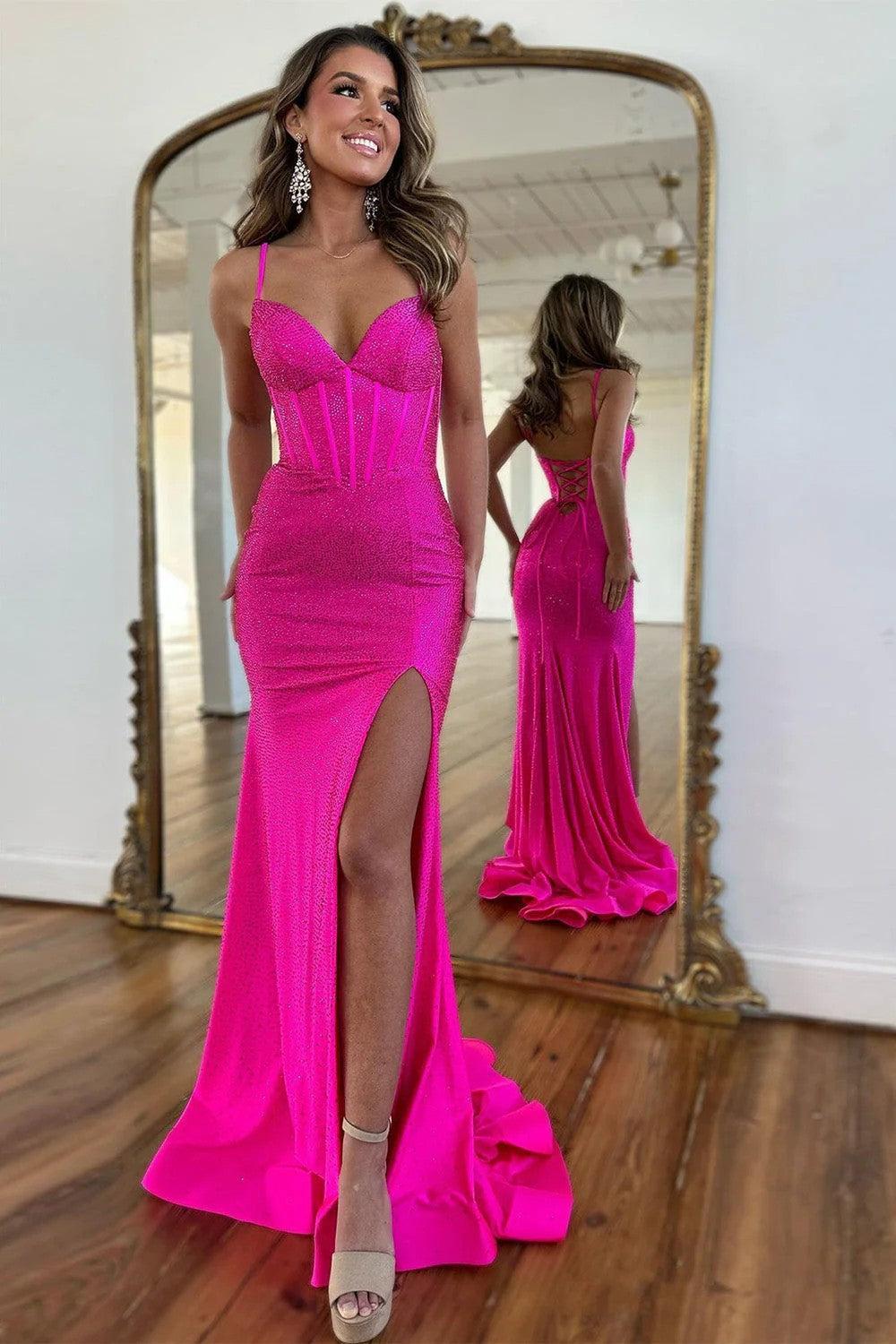 Suzhoufashion Fuchsia Beaded Mermaid Prom Dress With Spaghetti Straps And Lace-Up Back Formal Evening Gown