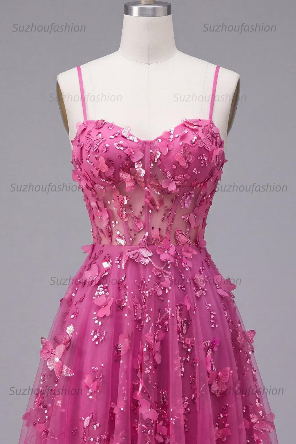 Suzhoufashion Fuchsia Floral Beaded A-Line Corset Short Homecoming Dress