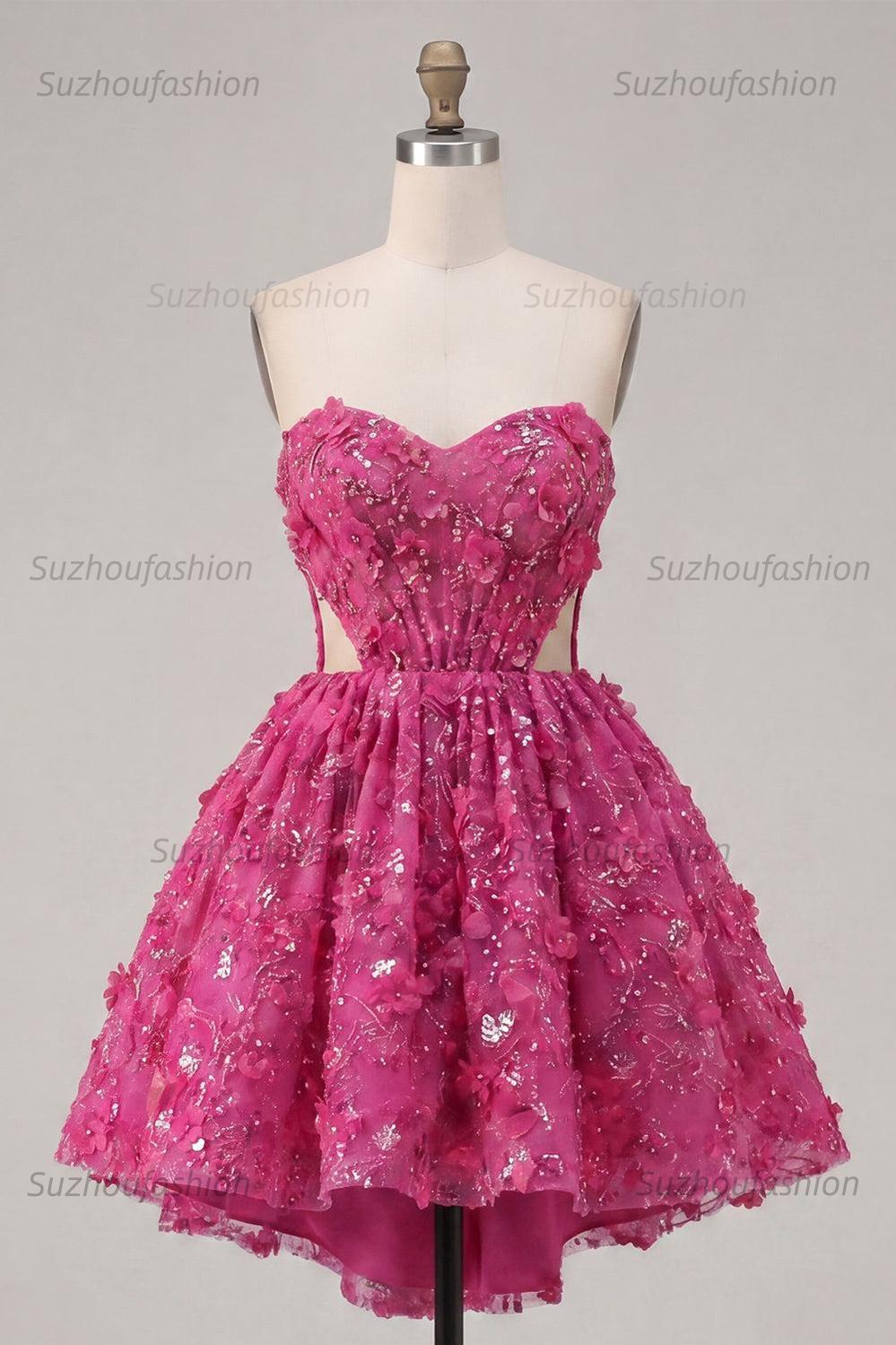 Suzhoufashion Fuchsia Floral Beaded Cut-Out A-Line Corset Short Homecoming Dress