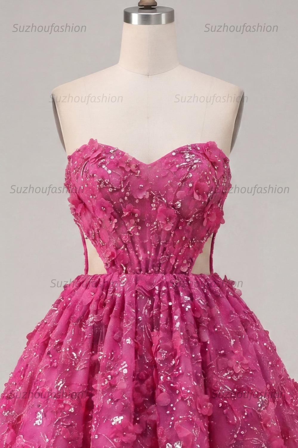 Suzhoufashion Fuchsia Floral Beaded Cut-Out A-Line Corset Short Homecoming Dress
