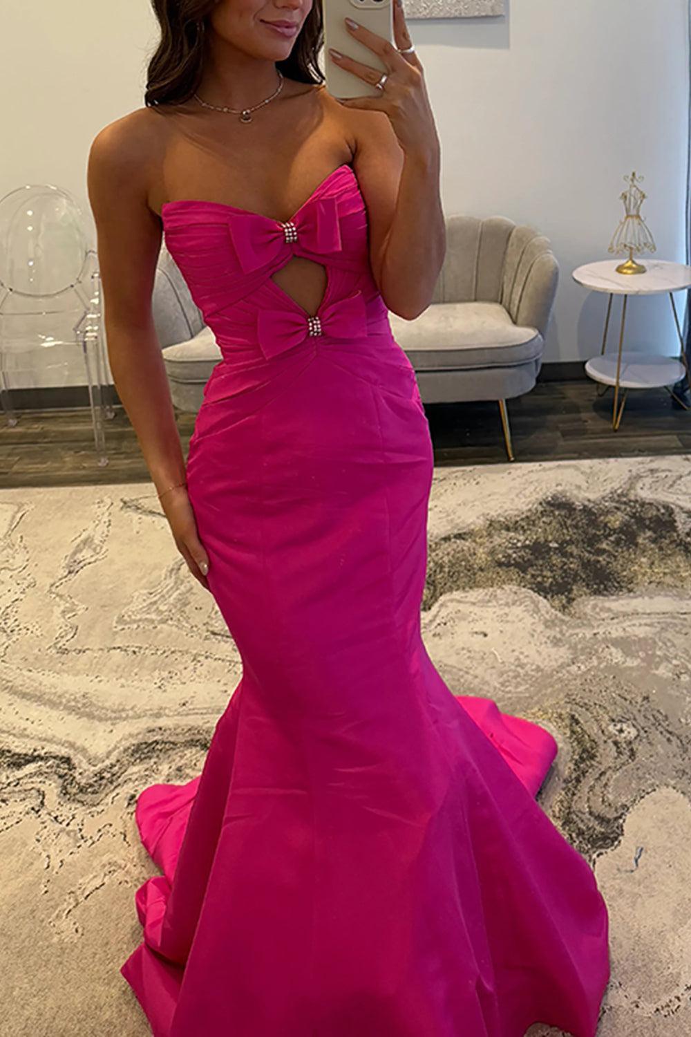 Suzhoufashion Fuchsia Mermaid Prom Dress Satin Strapless Keyhole Long Formal Dress With Bows