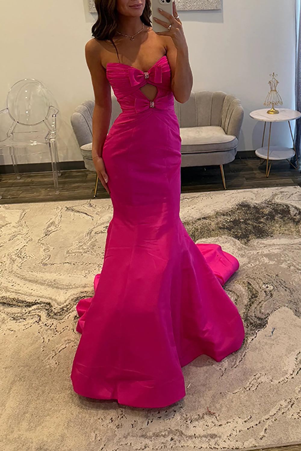 Suzhoufashion Fuchsia Mermaid Prom Dress Satin Strapless Keyhole Long Formal Dress With Bows