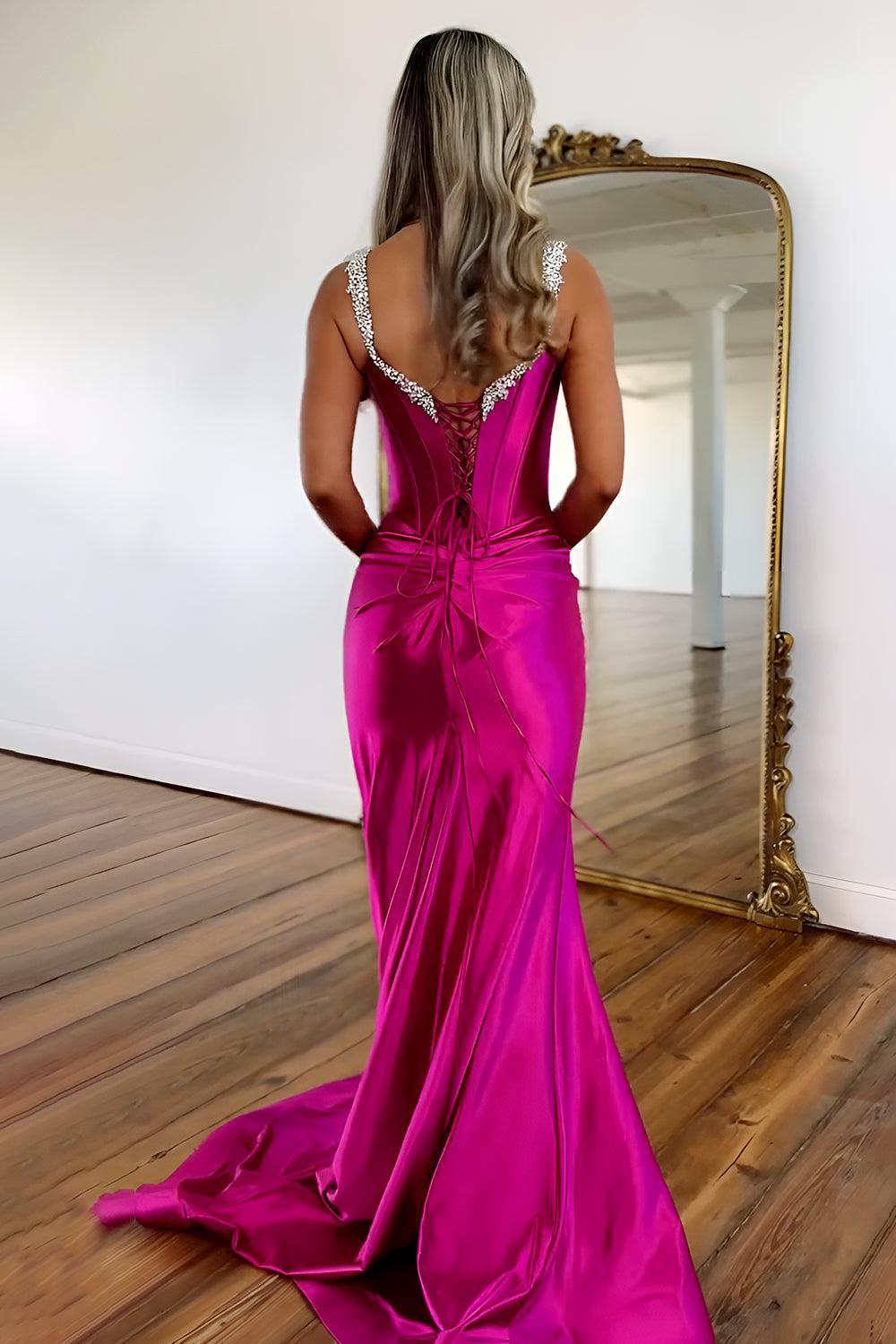 Suzhoufashion Fuchsia Mermaid Prom Dress With Lace Up Back Beaded Straps And Elegant Satin Slit Skirt Formal Evening Gown
