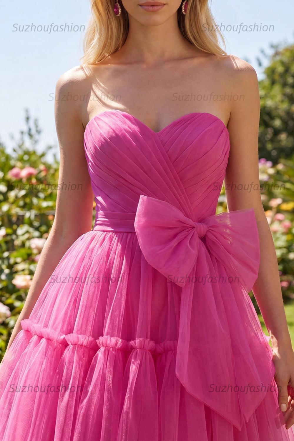 Suzhoufashion Fuchsia Sweetheart Ruched A-Line Short Homecoming Dress with Bow