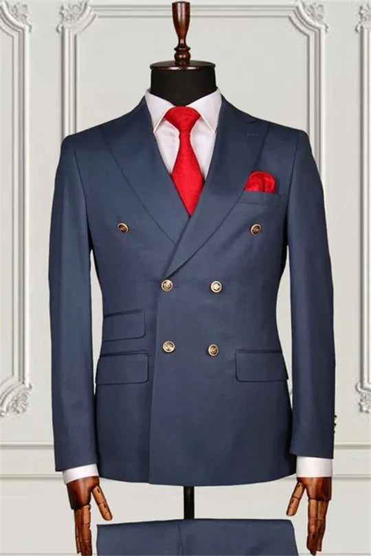 Suzhoufashion Glamorous Dark Blue Double Breasted Peaked Lapel Men Suits