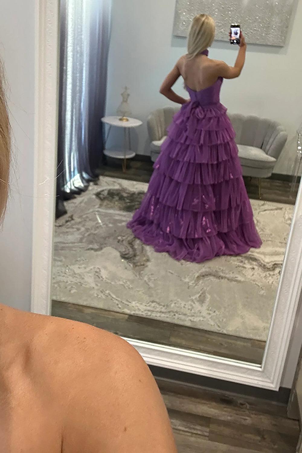 Suzhoufashion Glitter Purple Strapless Prom Dress Ball Gown Ruffled Pleated Long Formal Dress With Slit