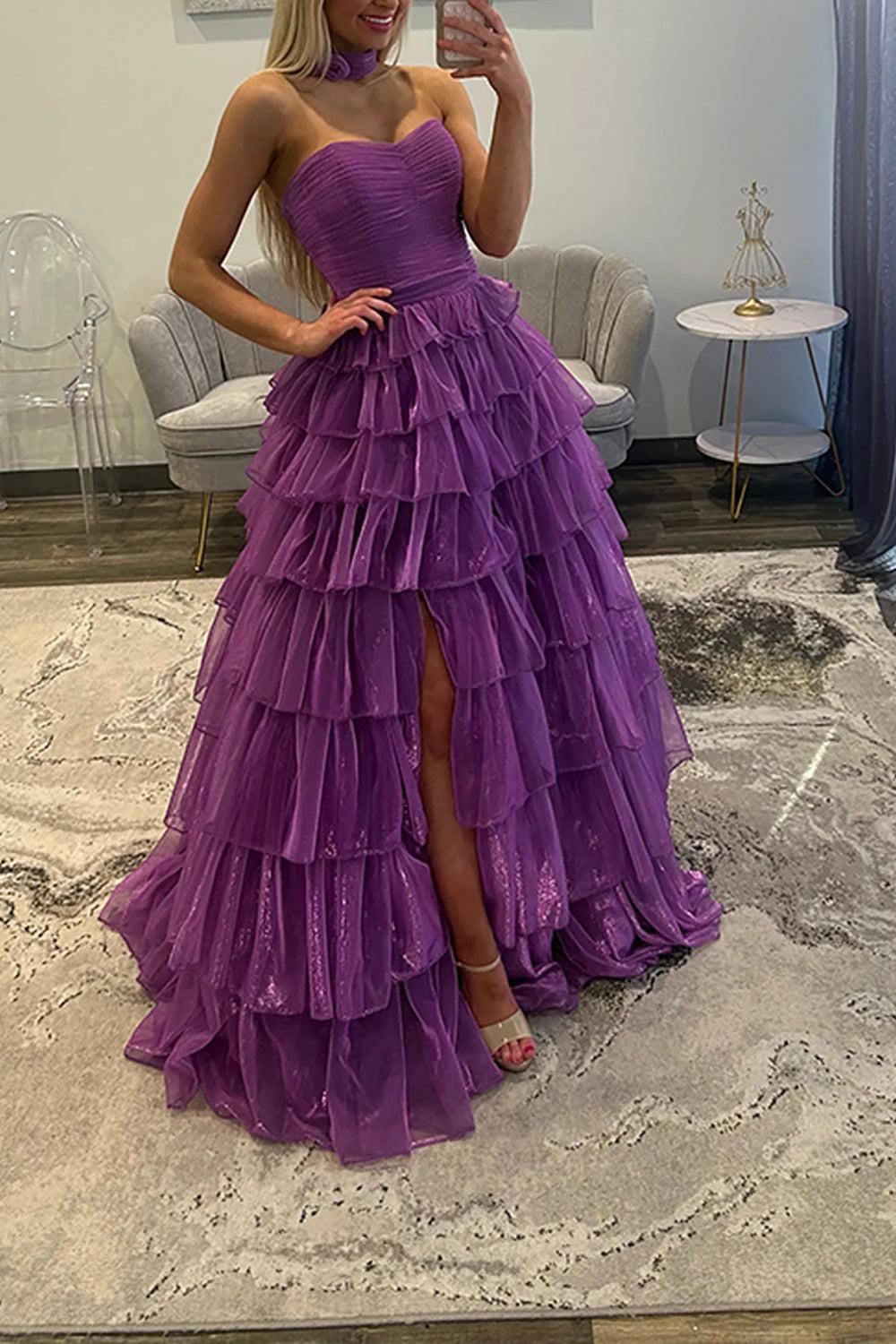 Suzhoufashion Glitter Purple Strapless Prom Dress Ball Gown Ruffled Pleated Long Formal Dress With Slit
