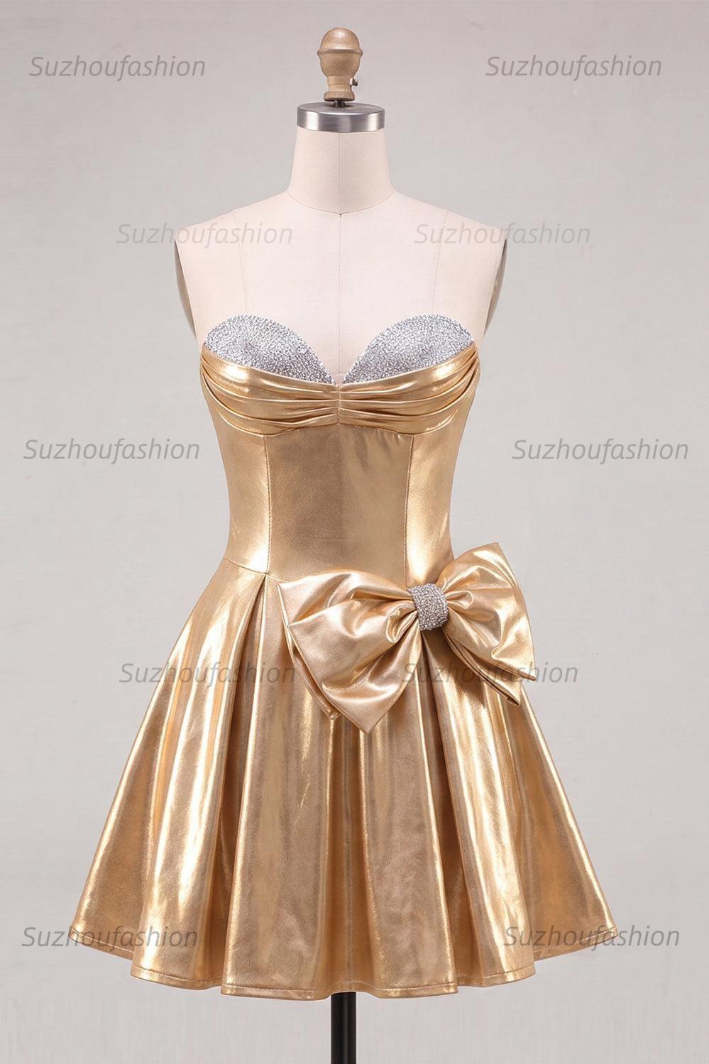Suzhoufashion Gold A Line Metallic Beaded Short Homecoming Dress with Bow