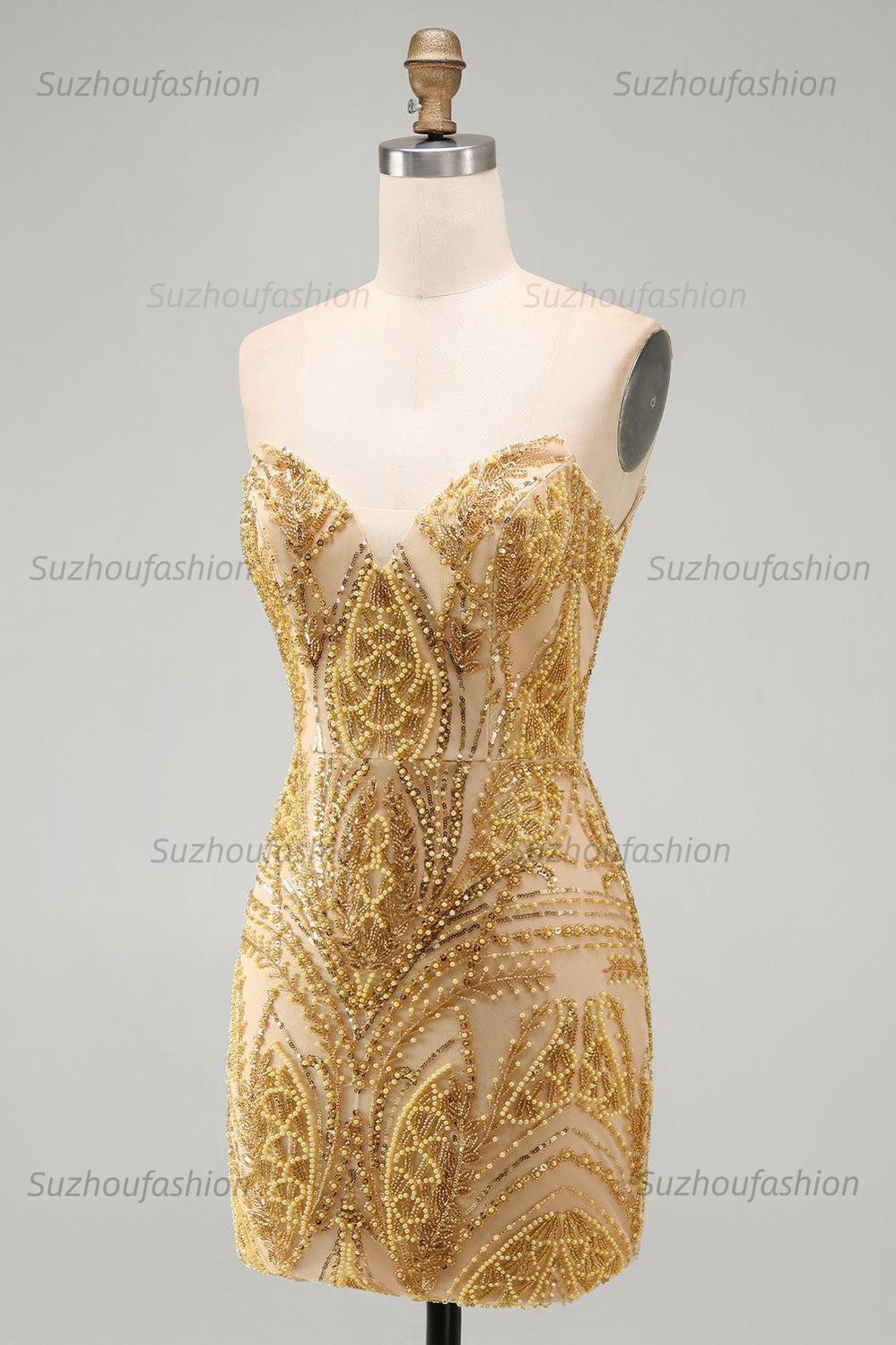 Suzhoufashion Gold Beaded Tight Short Homecoming Dress