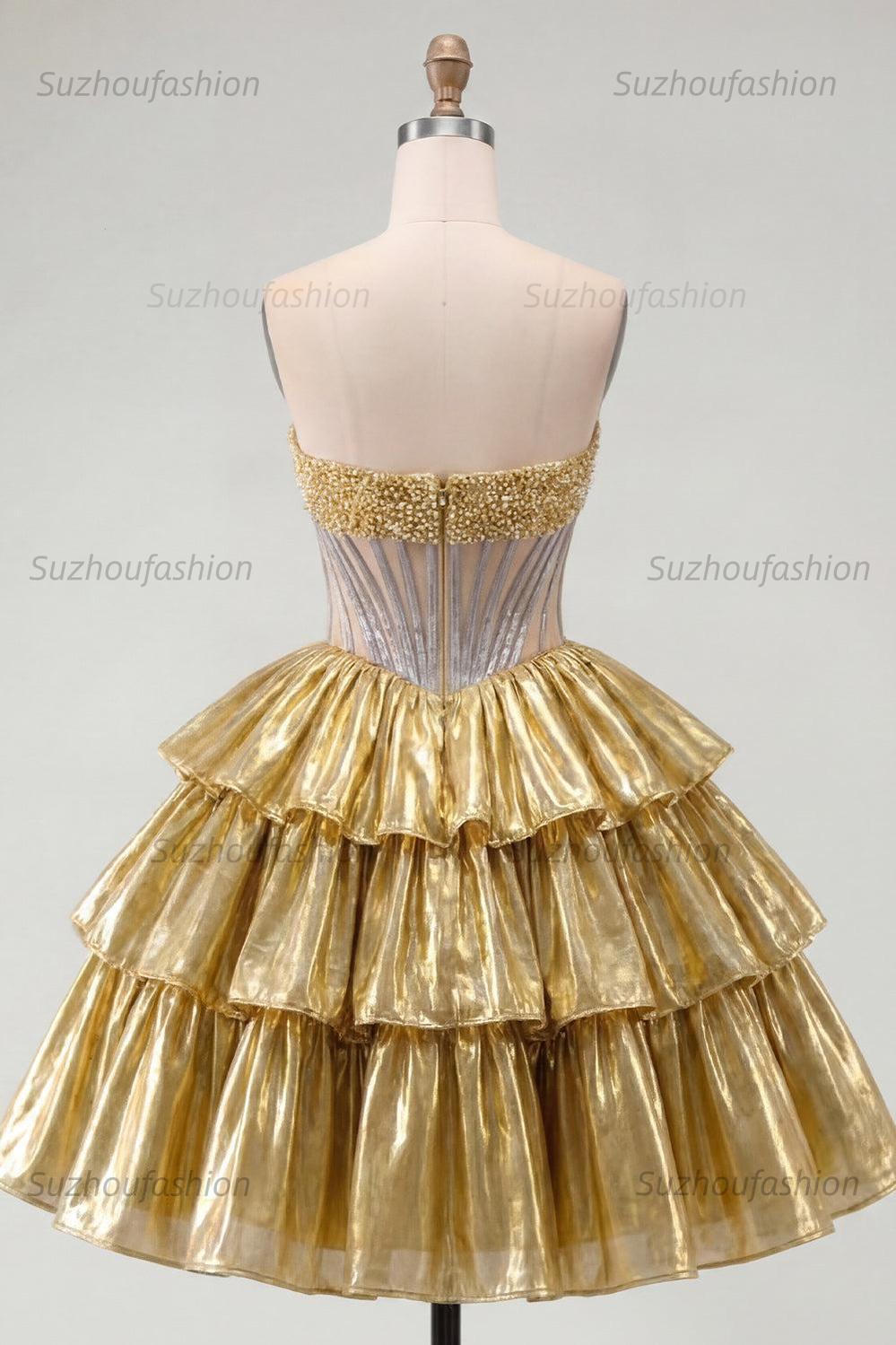 Suzhoufashion Gold Metallic Strapless Beaded A-Line Corset Short Homecoming Dress