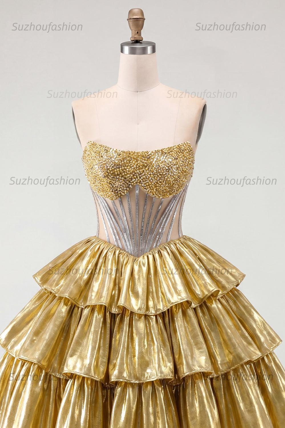 Suzhoufashion Gold Metallic Strapless Beaded A-Line Corset Short Homecoming Dress