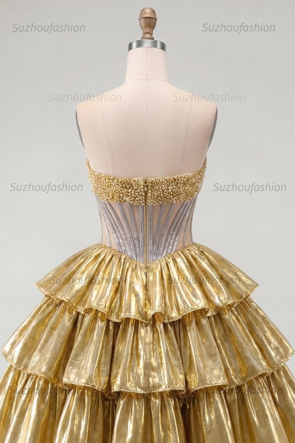Suzhoufashion Gold Metallic Strapless Beaded A-Line Corset Short Homecoming Dress