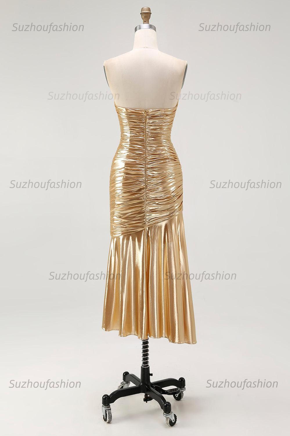 Suzhoufashion Gold Metallic Sweetheart Ruched High-Low Cocktail Dress