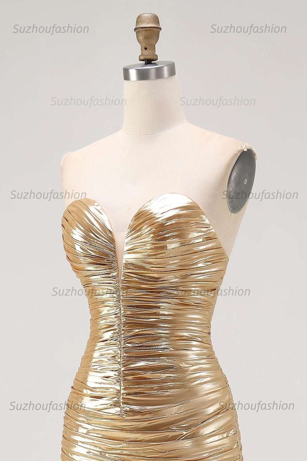 Suzhoufashion Gold Metallic Sweetheart Ruched High-Low Cocktail Dress