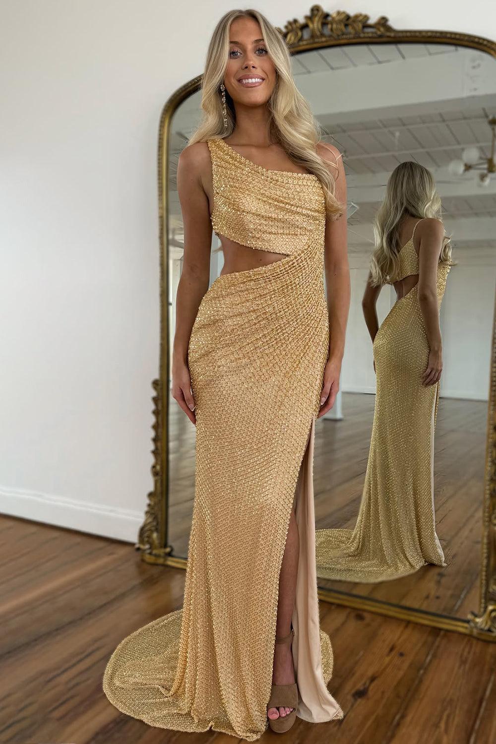 Suzhoufashion Gold One-Shoulder Sequin Mermaid Prom Dress With Architectural Cutout Formal Evening Gown