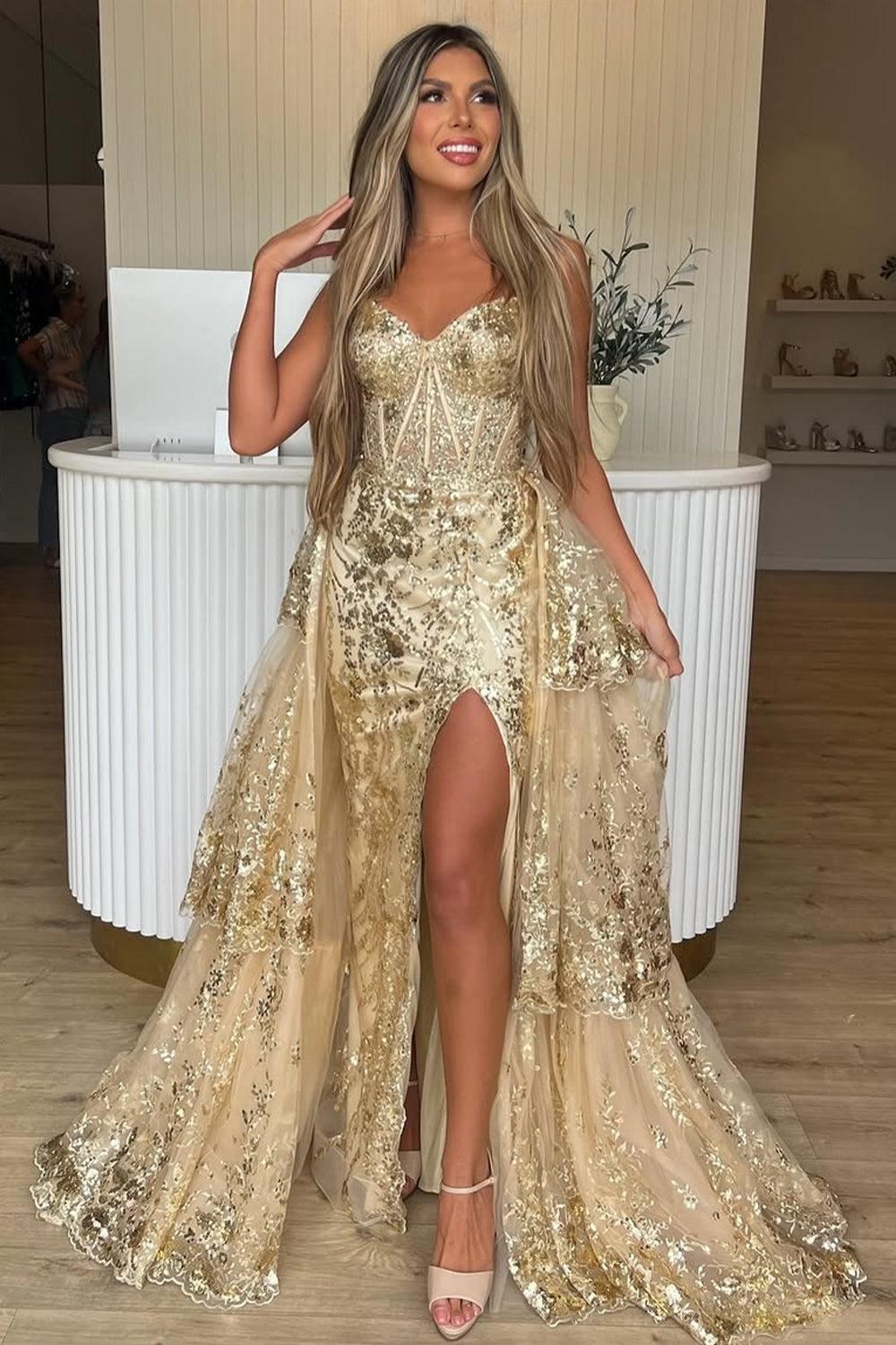 Suzhoufashion Gold Sequin Train Sweetheart A-Line Lace Long Prom Dress With Tiered Tulle Split Formal Evening Gown