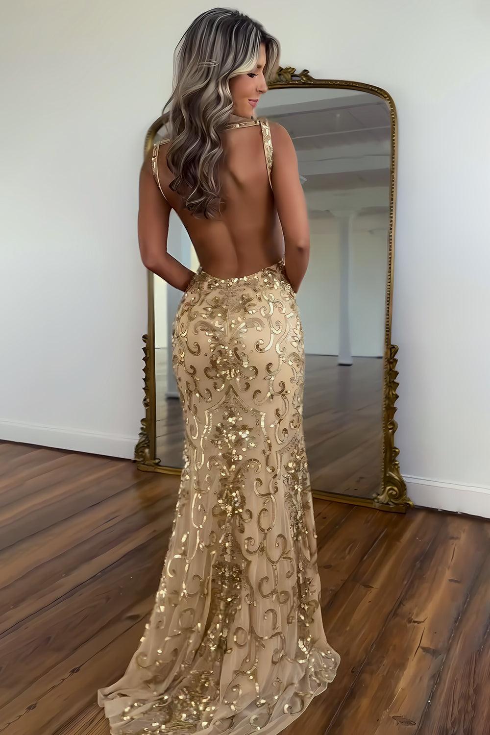 Suzhoufashion Gold Sequin V-Neck Mermaid Prom Dress With Open Back And High Slit Formal Evening Gown