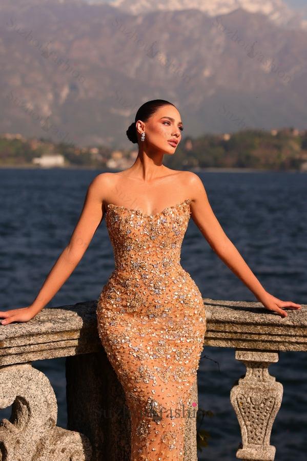 Suzhoufashion Golden Prom Dress Strapless Beaded Sheath/Column Prom Evening Gown