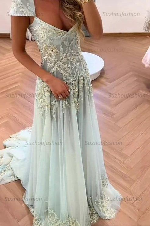 Suzhoufashion Gorgeous A Line Sweetheart Light Green Long Prom Dress With Appliques Formal Evening Gown