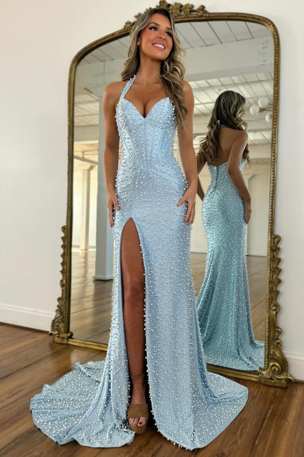 Suzhoufashion Gorgeous Light Blue Beaded Halter Mermaid Prom Dress With Pearls And Slit Formal Evening Gown