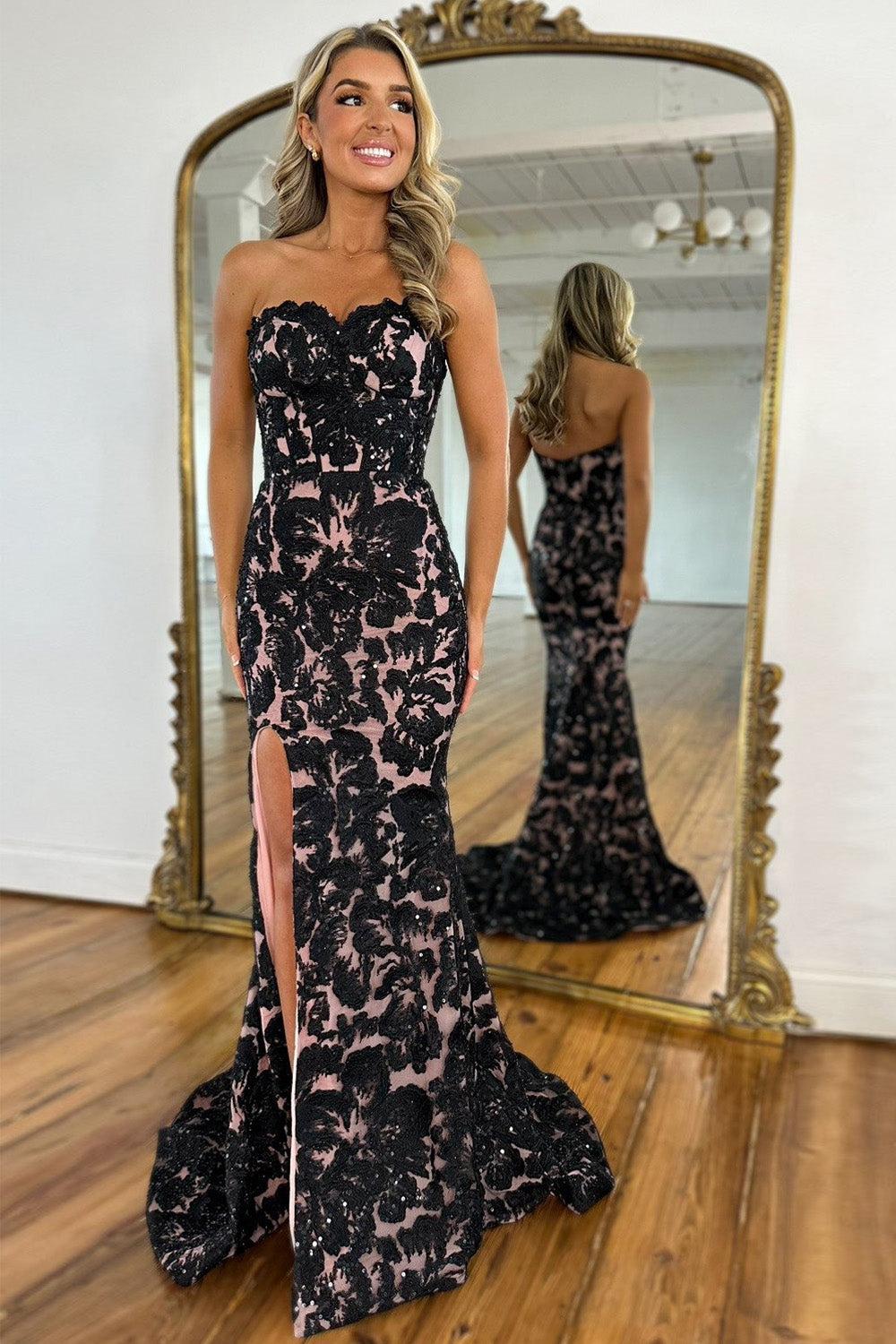 Suzhoufashion Gorgeous Mermaid Sweetheart Black Long Prom Dress With Appliques Slit Formal Evening Gown
