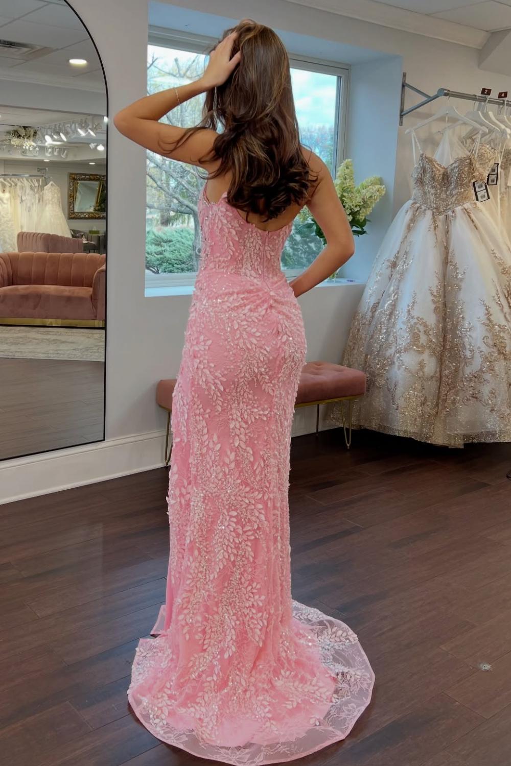 Suzhoufashion Gorgeous Mermaid Sweetheart Pink Long Prom Dress With Split Front Appliques Formal Evening Gown