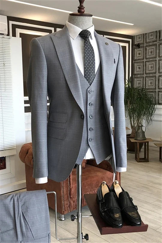 Suzhoufashion Gray Peaked Lapel One Button Close Fitting Men Suits