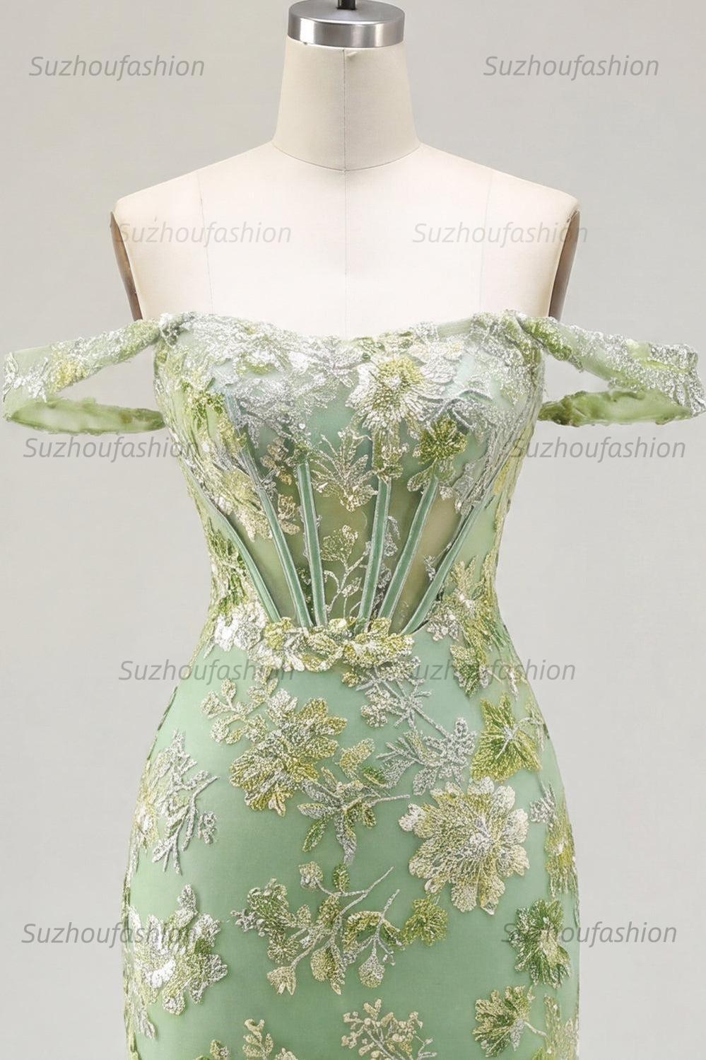 Suzhoufashion Green Floral Off-the-Shoulder Corset Tight Short Homecoming Dress
