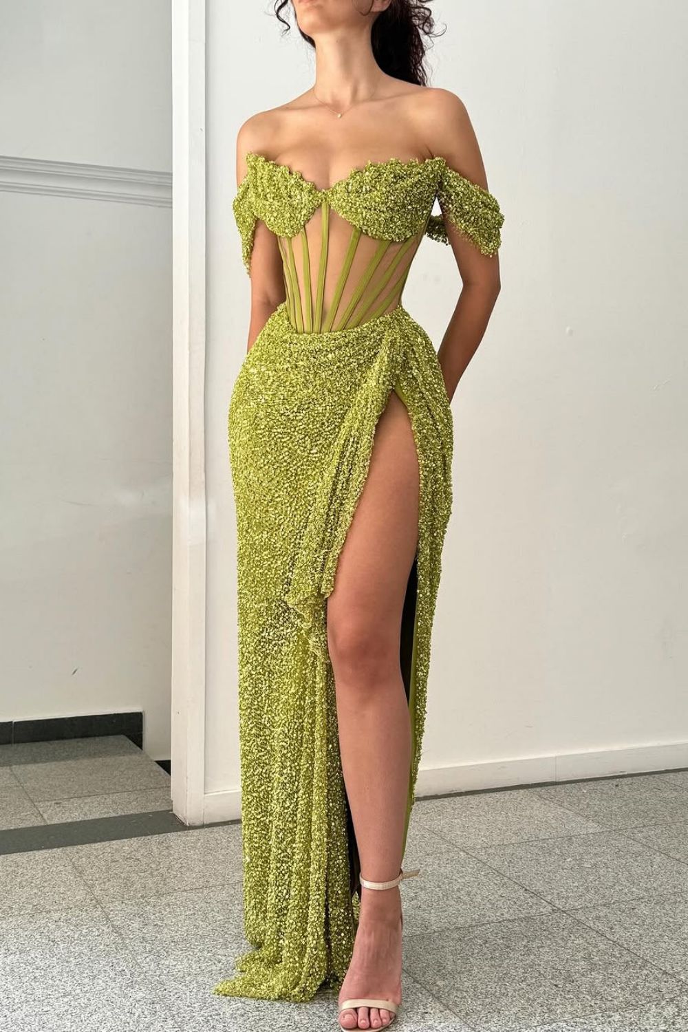 Suzhoufashion Green Off Shoulder Corset Sequin Prom Dress With High Slit Formal Evening Gown