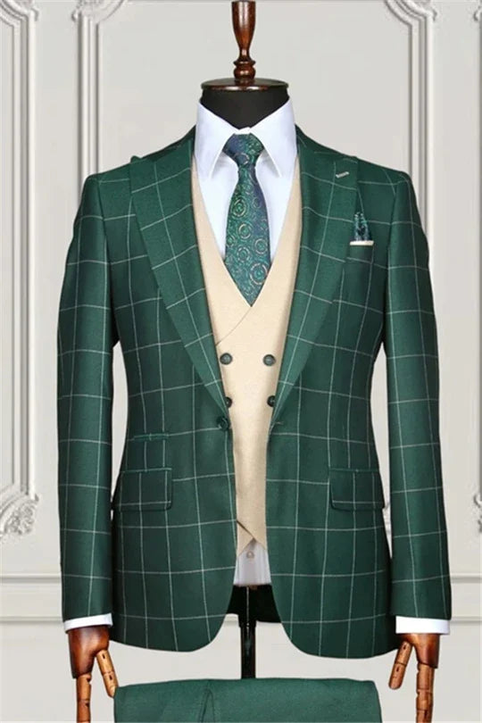 Suzhoufashion Green Plaid Three Pieces Prom Men Suits