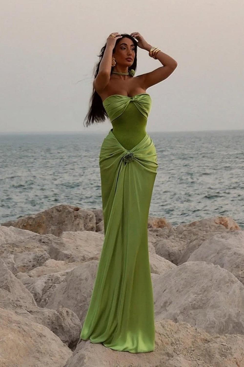Suzhoufashion Green Ruched Bodice Mermaid Draped Maxi Prom Dress With Rosette Detail Formal Evening Gown