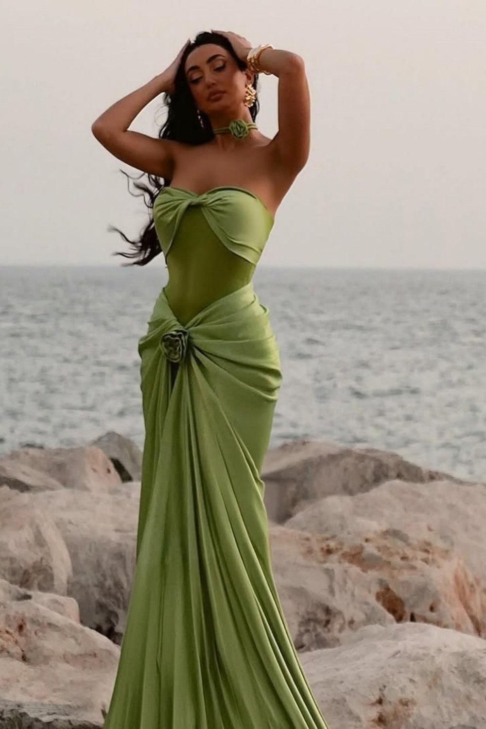 Suzhoufashion Green Ruched Bodice Mermaid Draped Maxi Prom Dress With Rosette Detail Formal Evening Gown