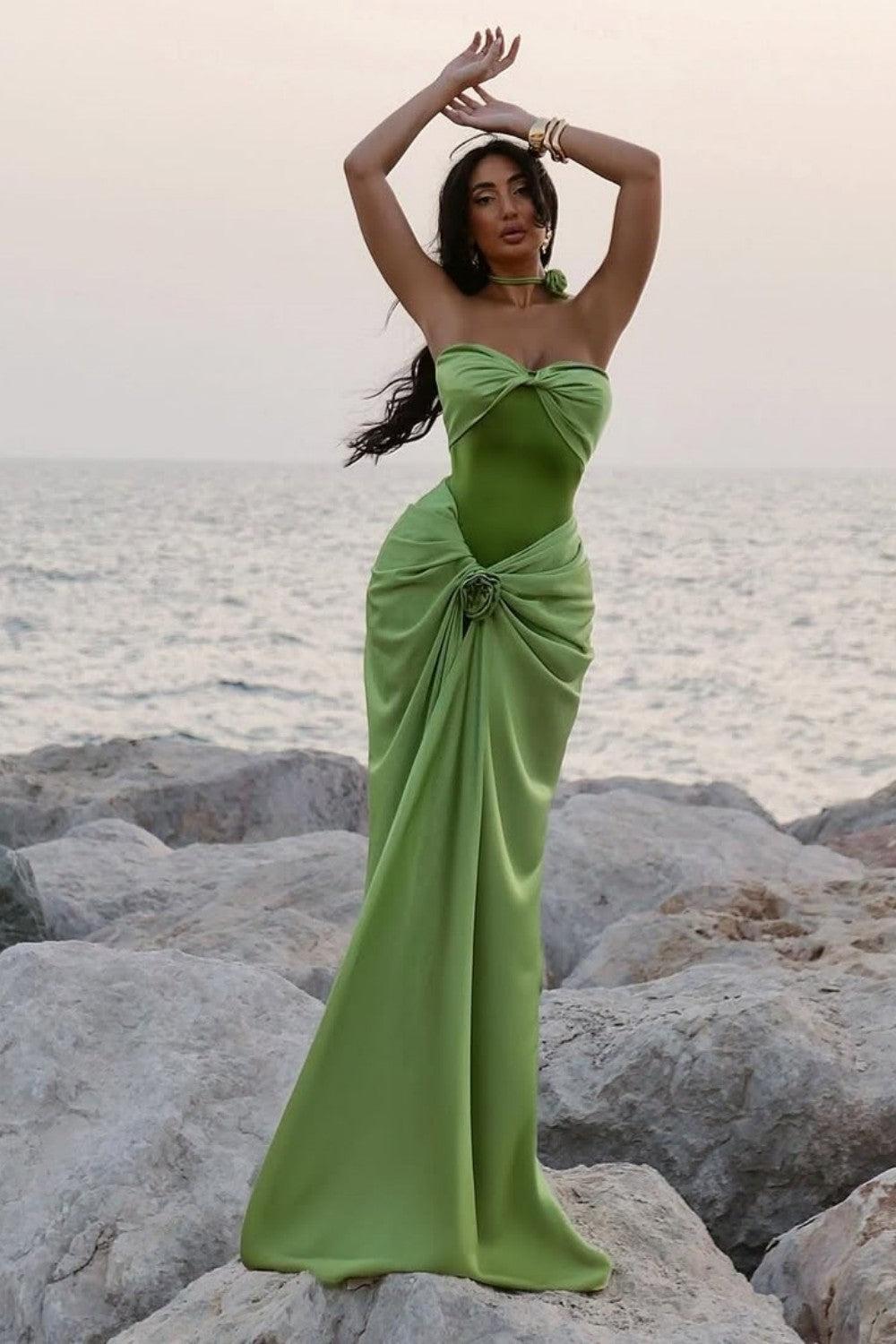 Suzhoufashion Green Ruched Bodice Mermaid Draped Maxi Prom Dress With Rosette Detail Formal Evening Gown