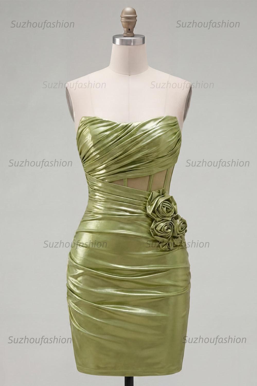 Suzhoufashion Green Strapless Ruched Corset Tight Short Homecoming Dress with 3D Flowers