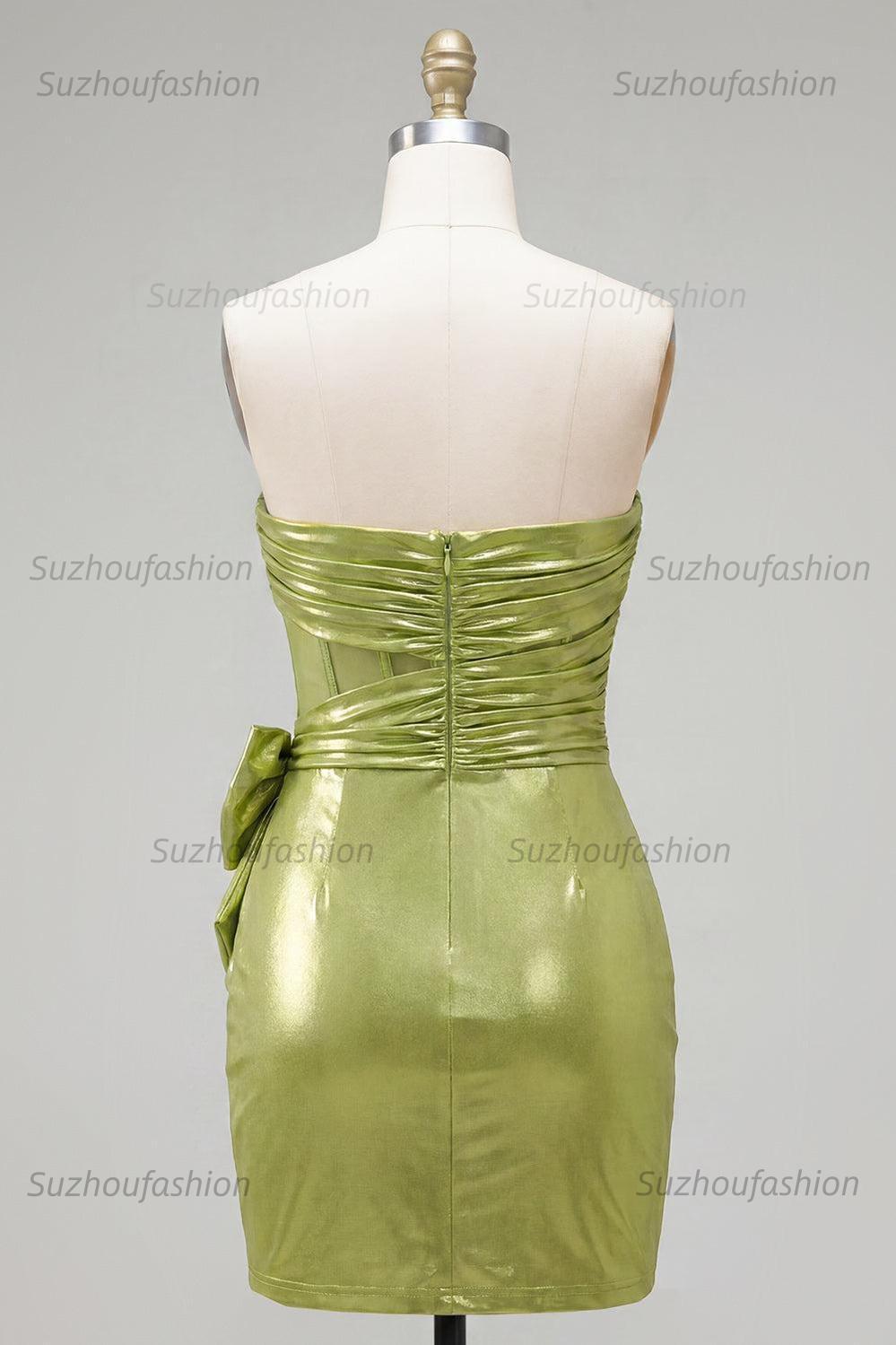 Suzhoufashion Green Strapless Ruched Corset Tight Short Homecoming Dress with 3D Flowers