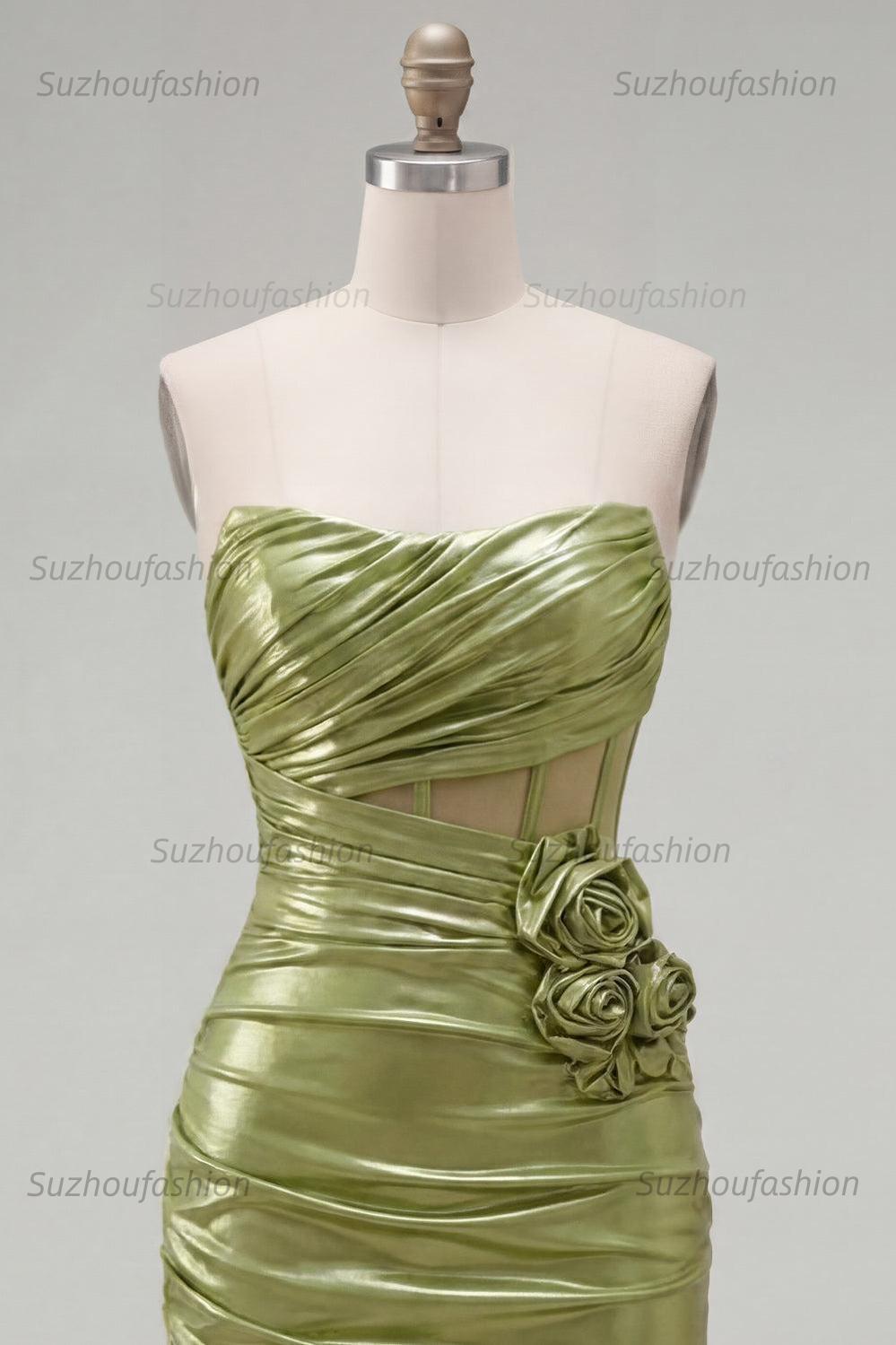 Suzhoufashion Green Strapless Ruched Corset Tight Short Homecoming Dress with 3D Flowers